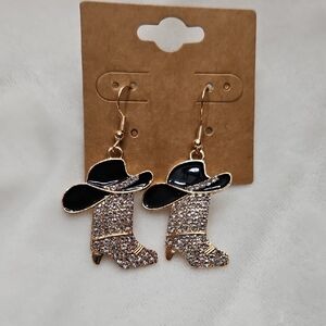 Ladies Black Cowboy Hat Rhinestone Cowboy Boots Pierced Dangle Earrings Fashion